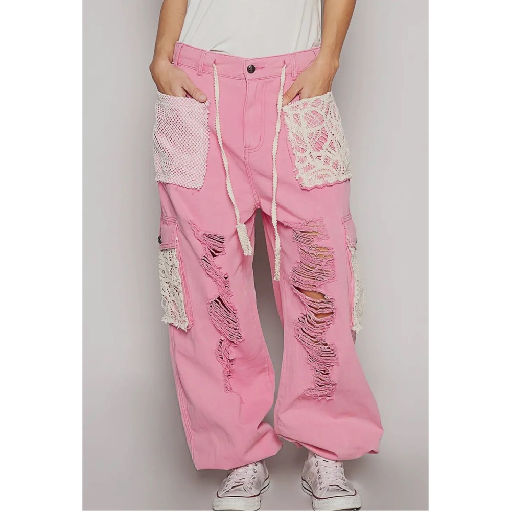 POL Pink Distressed Cargo Pant Lace Patchwork Jogger S Boho Cottagecore Coquette